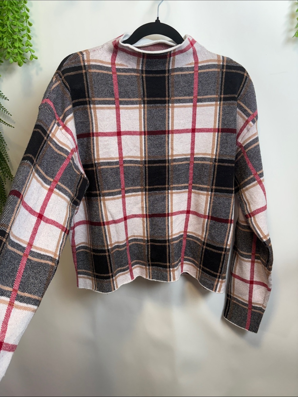 Tahari Plaid Mock Neck Sweater - Pink, Black, Brown & Cream
